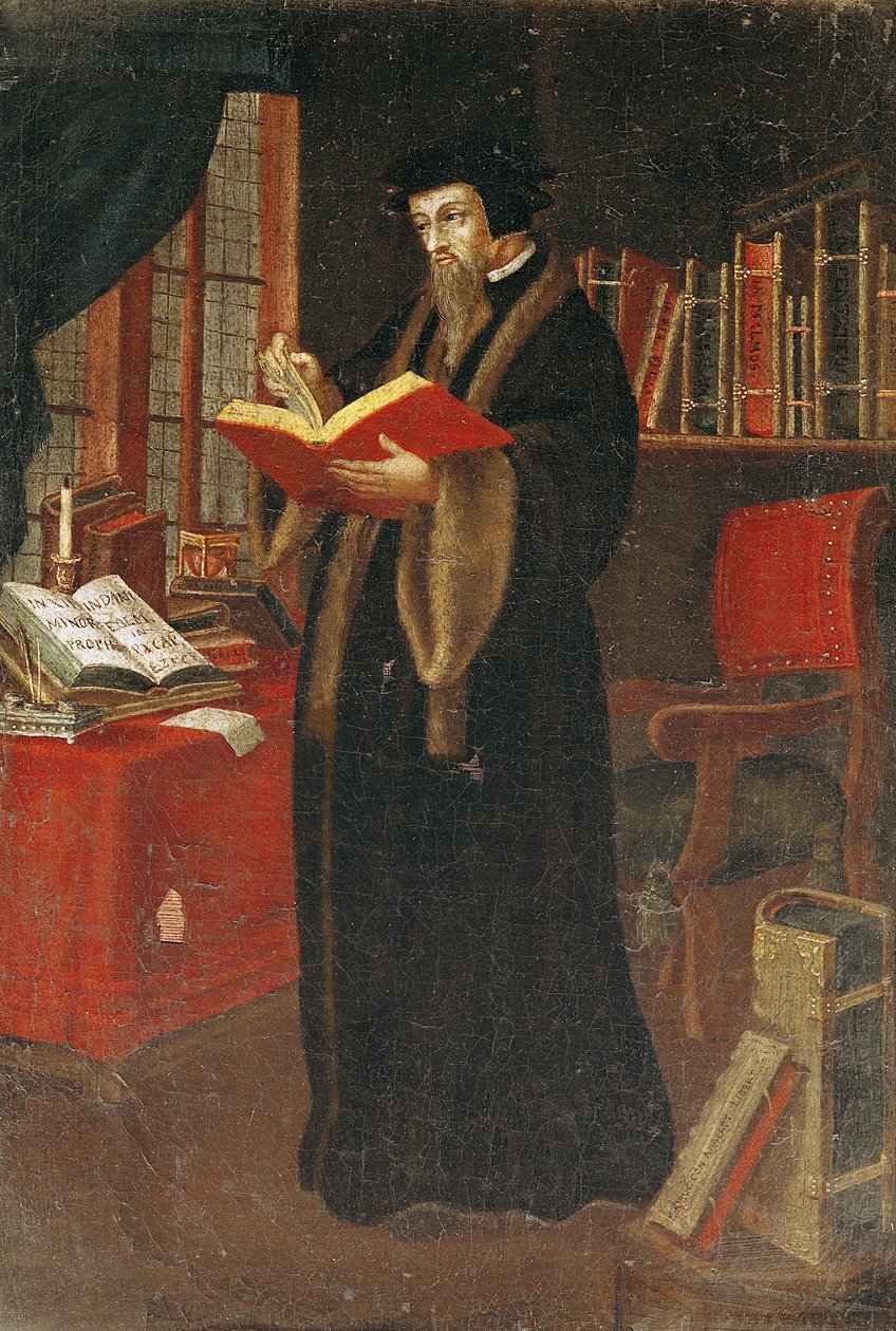 John Calvinin (1509-64), ranskalaisen teologin ja uskonpuhdistajan muotokuva tekijältä French School
