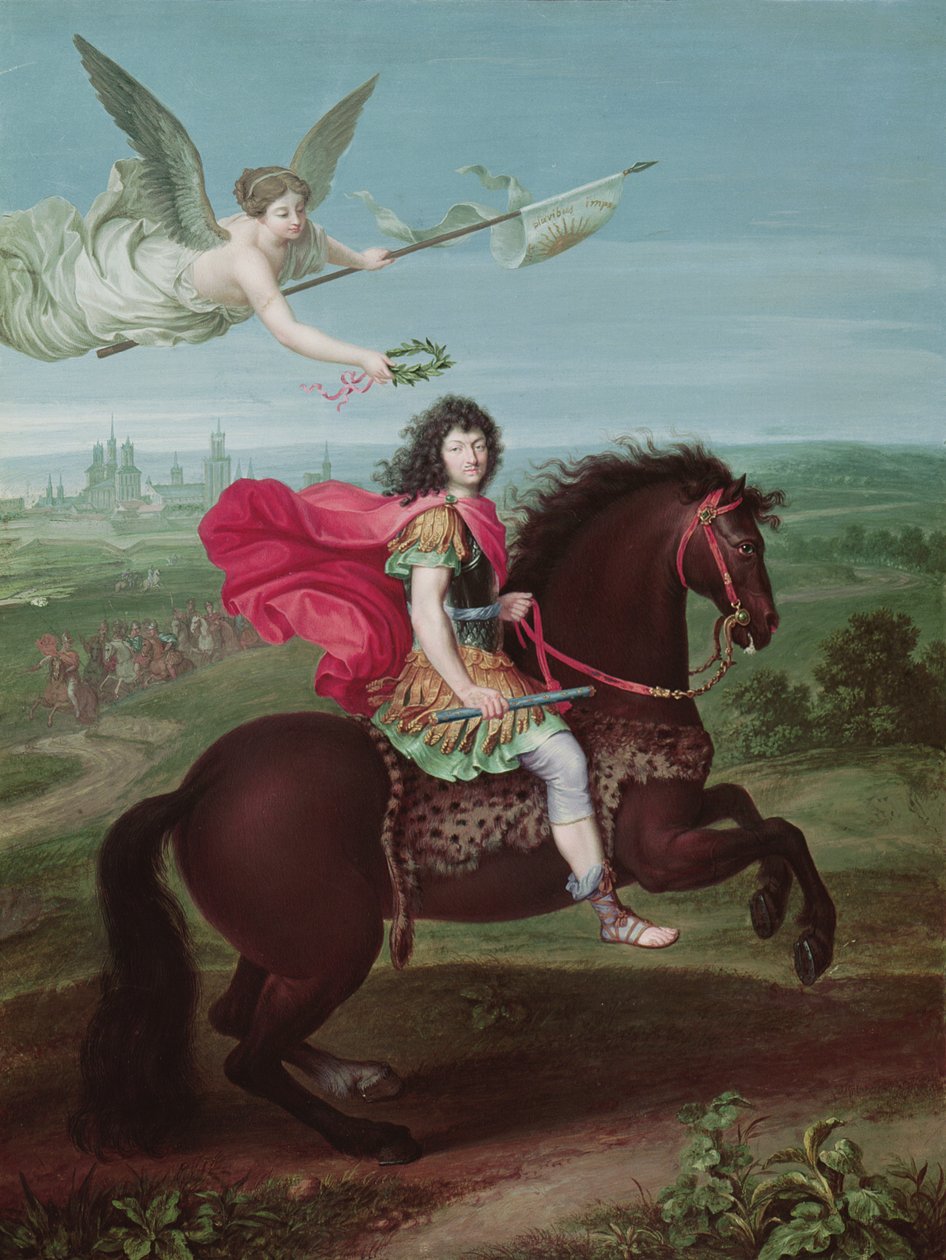 Ludvig XIV:n (1638-1715) muotokuva, sotilaskampanjakarttojen kirjan etulevy tekijältä French School