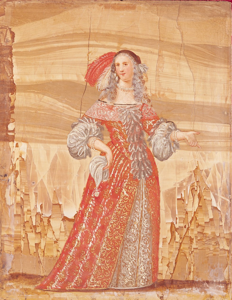 Muotokuva Madeleine Bejartista (1618-72) Madelonin roolissa Molieren elokuvassa Les Precieuses ((1622-73) vuoden 1659 jälkeen (öljymaali kivelle) tekijältä French School