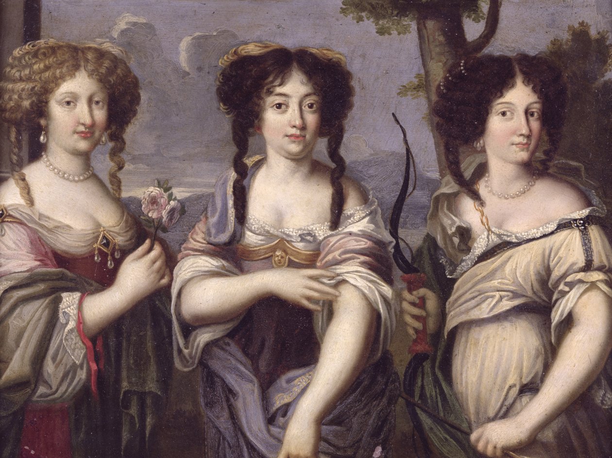 Muotokuva kolmesta kardinaali Mazarinin veljentyttärestä, jotka on kuvattu jumalattareina, Venus, Juno ja Diana (öljy kuparilla) tekijältä French School