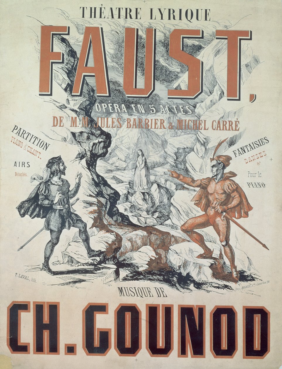 Julistemainos "Faust", Charles Gounodin (1818-93) ooppera 1875, kaiverrus T. Laval tekijältä French School