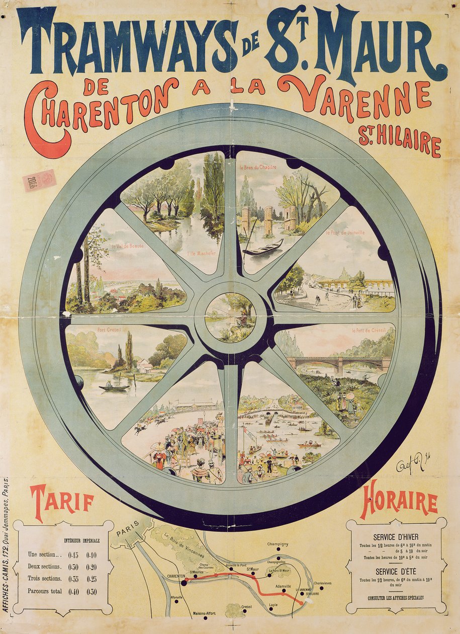 Charentonista La Varenne-Saint-Hilaireen kulkevaa St. Maurin raitiovaunua mainostava juliste, 1894. tekijältä French School