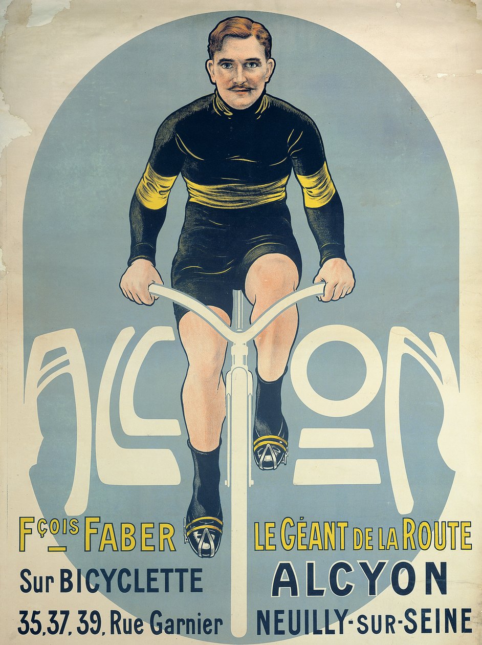 Juliste, joka kuvaa Francois Faberia (k.1915) Alcyon-pyörällään tekijältä French School