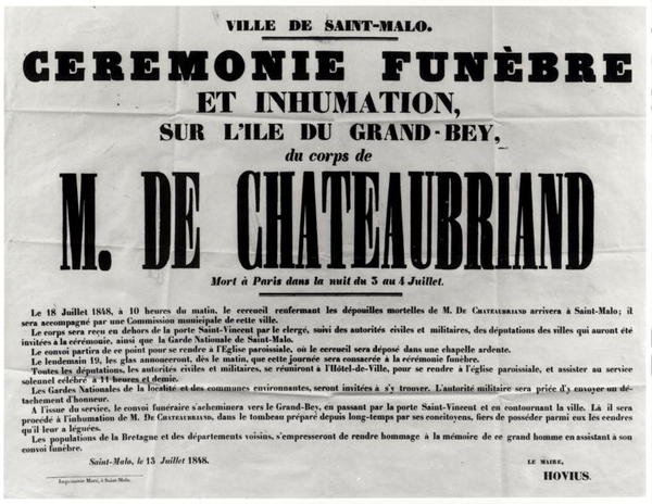 Juliste Francois Rene de Chateaubriandin (1768-1848) hautajaisiin St.Malossa 18. heinäkuuta 1848 (painettu) tekijältä French School