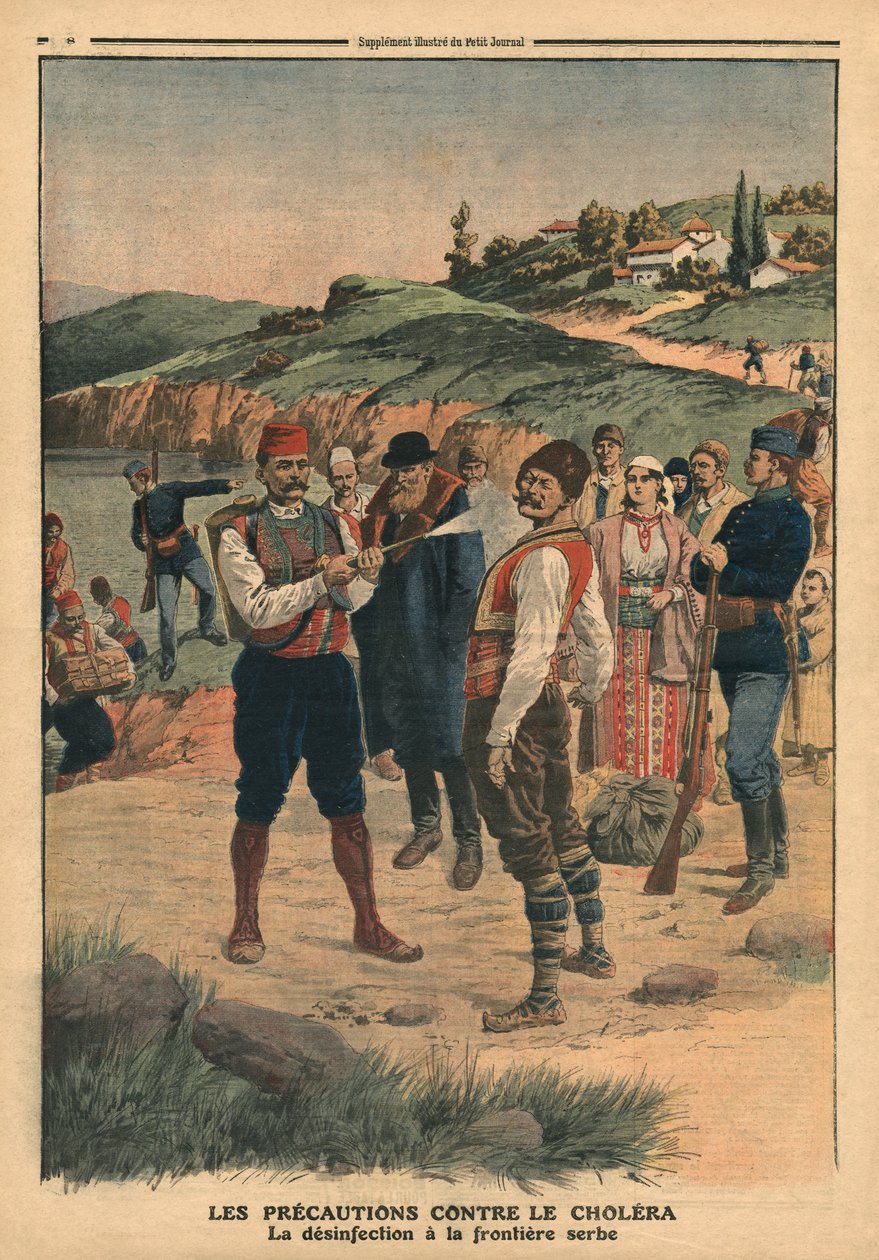Varotoimet koleran estämiseksi, desinfiointi Serbian rajalla, kuva Le Petit Journalista, 1. tammikuuta 1911 tekijältä French School