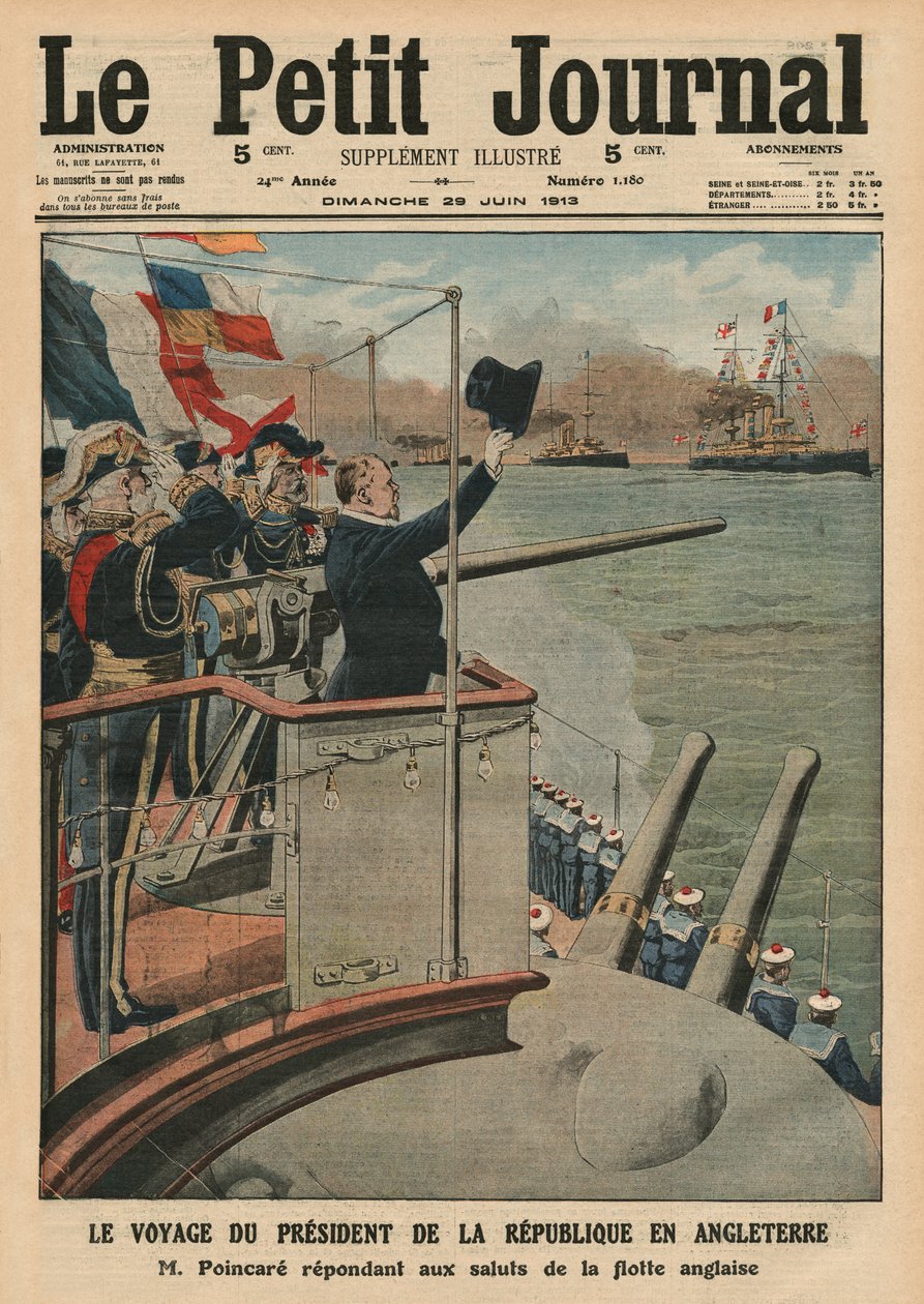 Raymond Poincaren presidentinmatka Englantiin, etukannen kuvitus "Le Petit Journalista", liitekuva, 29. kesäkuuta 1913 tekijältä French School