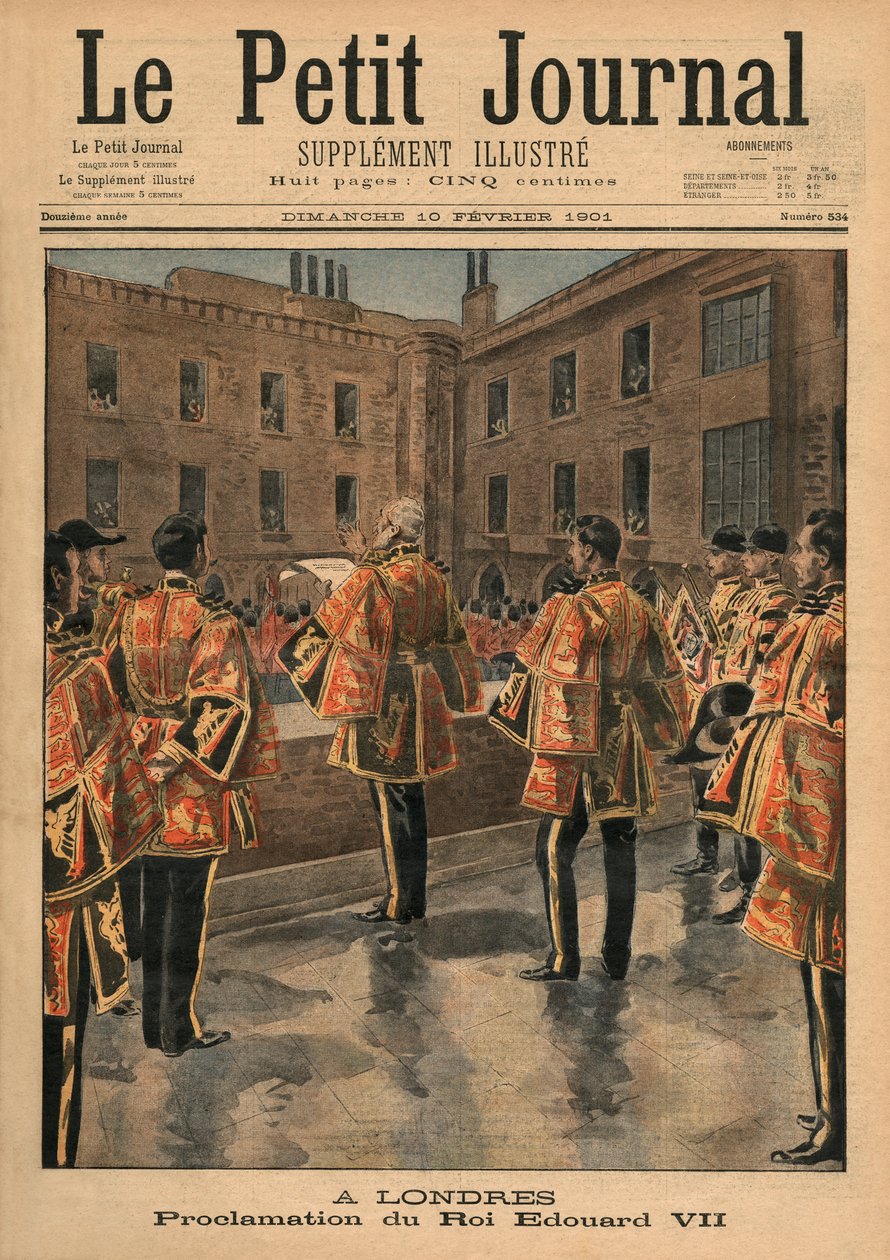Kuningas Edward VII:n julistus, Lontoo, etukannen kuvitus "Le Petit Journalista", liitekuva, 10. helmikuuta 1901 tekijältä French School