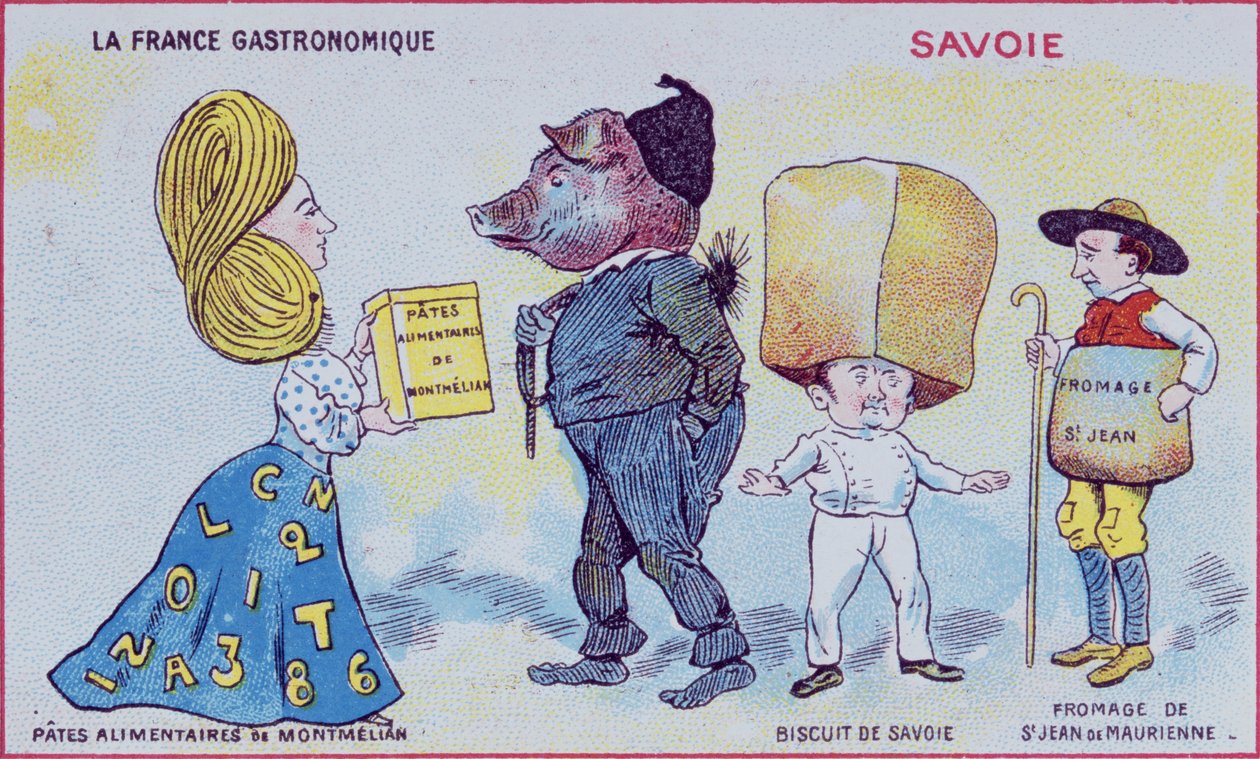 Kampanja- ja opetuskortti lapsille, joka kuvaa Savoien alueen ruokaerikoisuuksia, n. 1910 tekijältä French School