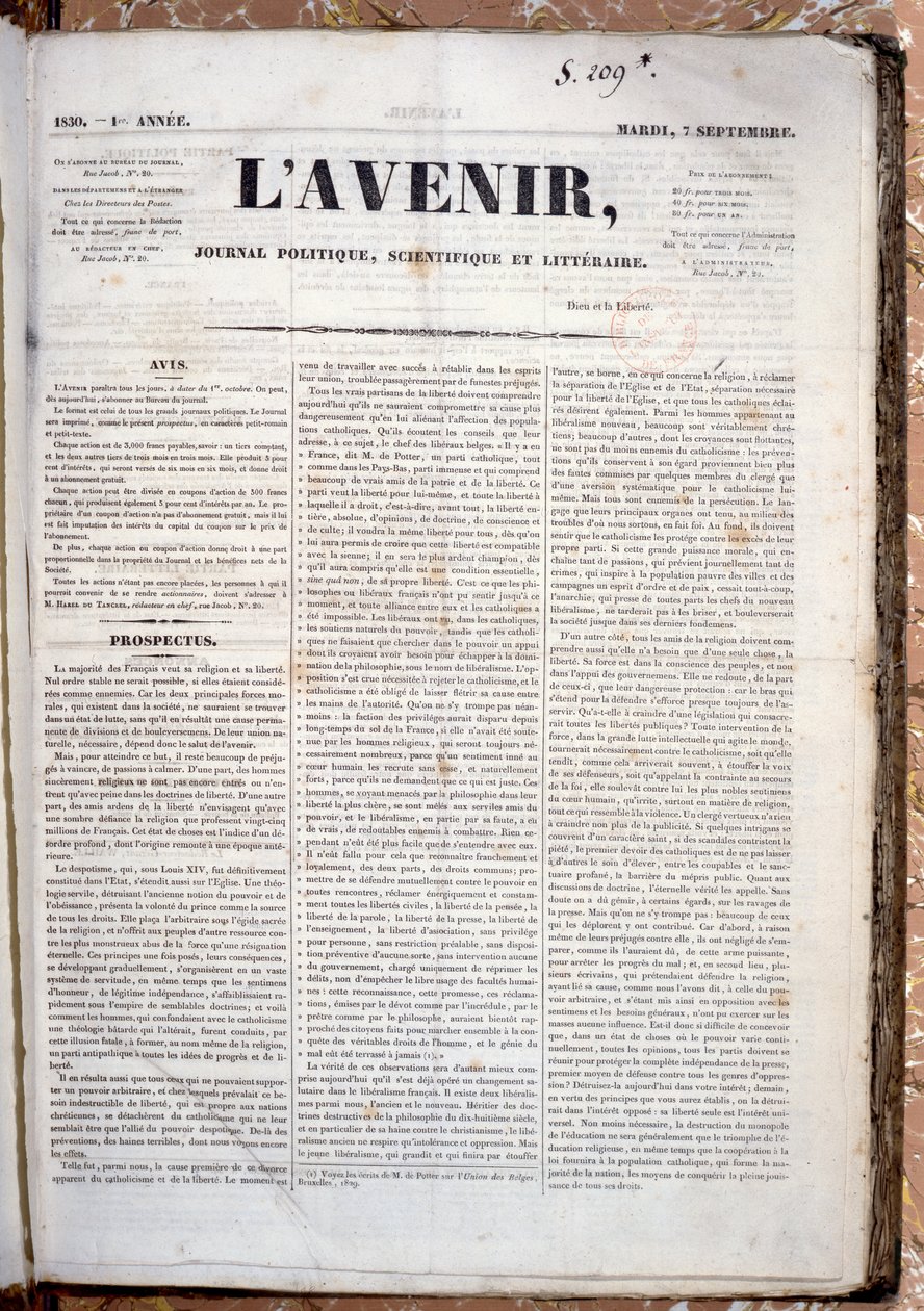 Esite, joka mainostaa Journal LAvenir -lehden tulevaa julkaisua, 7. syyskuuta 1830 (painettu paperi) tekijältä French School