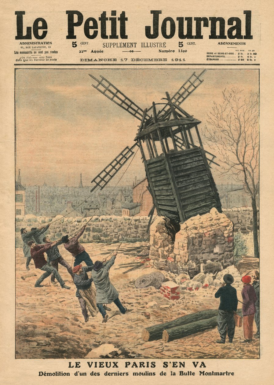 Yhden Butte Montmartren viimeisistä tuulimyllyistä purkaminen, kuvitus Le Petit Journalista, liitekuva, 17. joulukuuta 1911 tekijältä French School