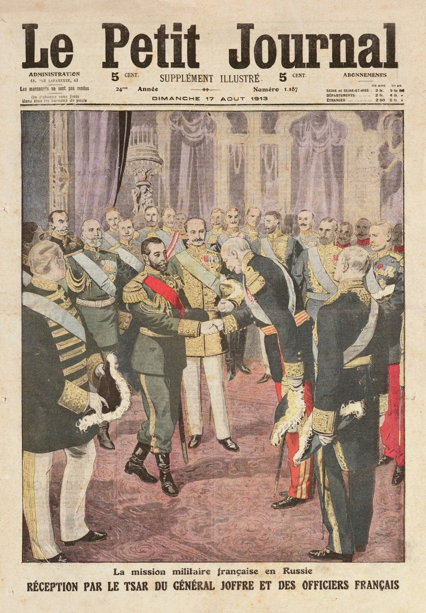 Kenraali Joseph Joffren (1852-1931) vastaanotto Nicolas II:n (1894-1917) toimesta Peterhofin palatsissa, "Le Petit Journal", 17. elokuuta 1913 tekijältä French School