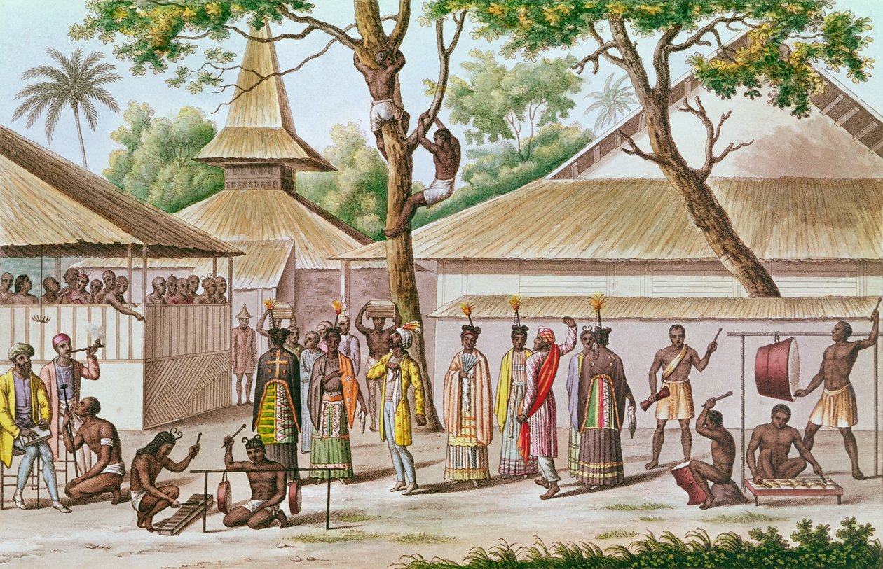 Uskonnollinen festivaali Caielissa, Burun saarella, Louis Isidore Duperreyn (1786-1865) teoksesta Voyage Autour du Monde sur la Corvette Coquille (1822-25) tekijältä French School