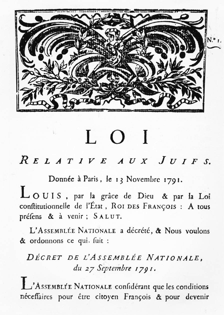 Kuninkaallinen vapauttamisasetus kaikille Ranskan juutalaisille, kansalliskokouksen asetuksella, 27. syyskuuta 1791 (faksimile) (katso myös 695056) tekijältä French School