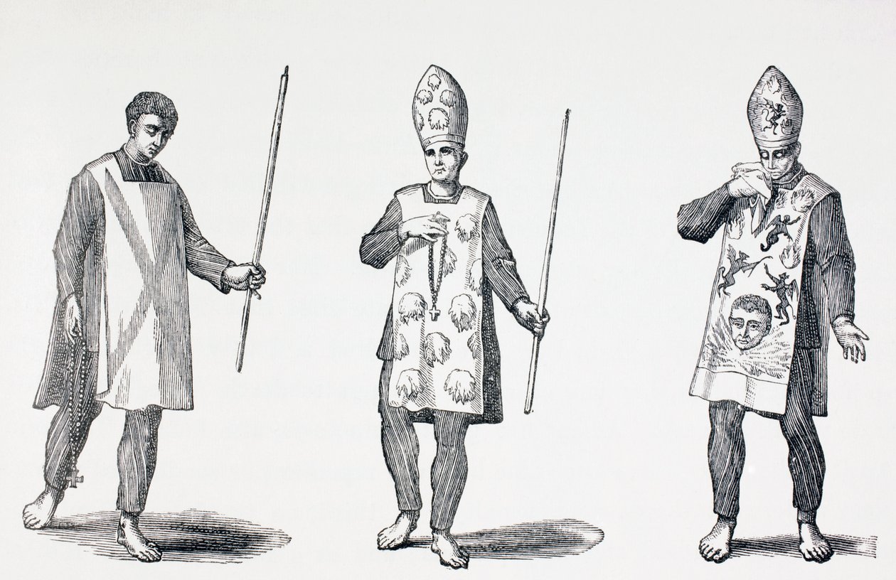 Auto-da-Fen katuvien käyttämät sambenitot Paul Lacroixin "Sotilas- ja uskonnollinen elämä keskiajalla", julkaistu Lontoossa n. 1880 tekijältä French School