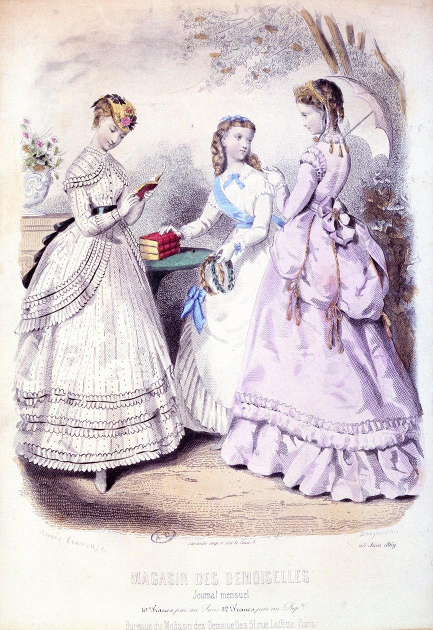 Koulutytöt palkintoseremonian jälkeen, muotikilpi mainostaa Magasin des Demoisellesia, 1869 tekijältä French School