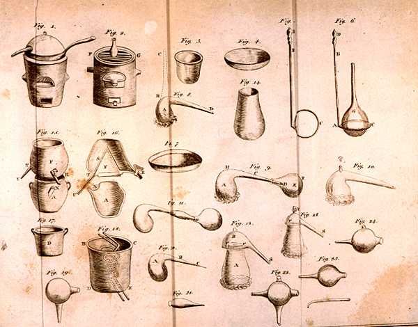 Tieteelliset laitteet, Antoine Laurent de Lavoisierin (1743-94) teoksesta The Elements of Chemistry, kaiverrus D.Lizars, 1796 tekijältä French School