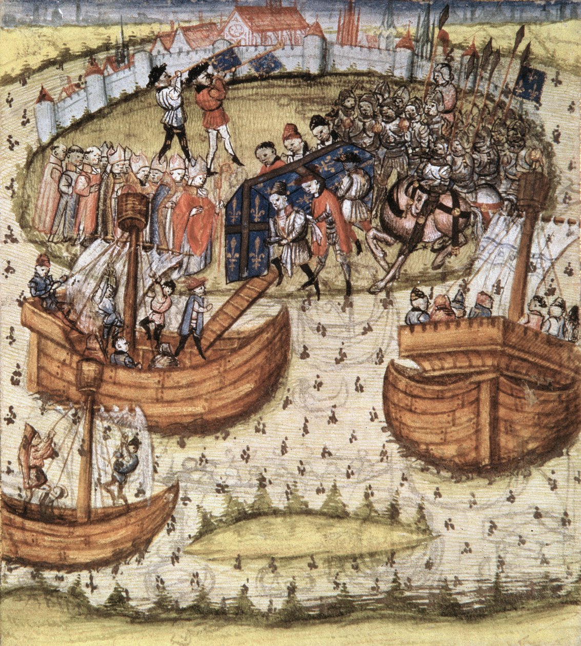 Snark M119: Ristiretkeläiset lastasivat St. Louisin arkun alukselle Tunisissa vuonna 1270, Grandes Chroniques de Francesta, 1450 tekijältä French School