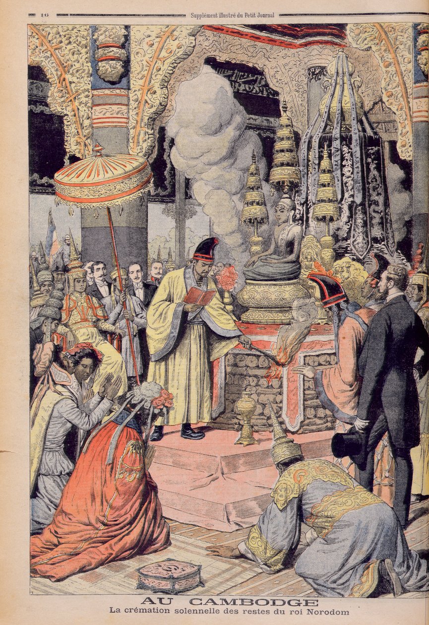 Kambodžan kuninkaan kuningas Norodom I:n (1835-1904) juhlallinen polttohautaus, kuva Le Petit Journalista 1906 tekijältä French School