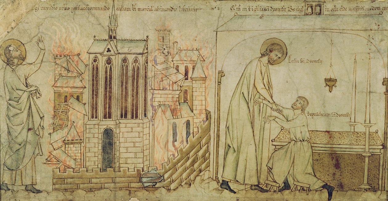 Pyhä Eligius pelasti Pyhän Martialin kirkon tulipalosta ja paransi raajarikkaan miehen St. Denisin kirkossa "La Vie de Saint Eloista", n. 1250 tekijältä French School