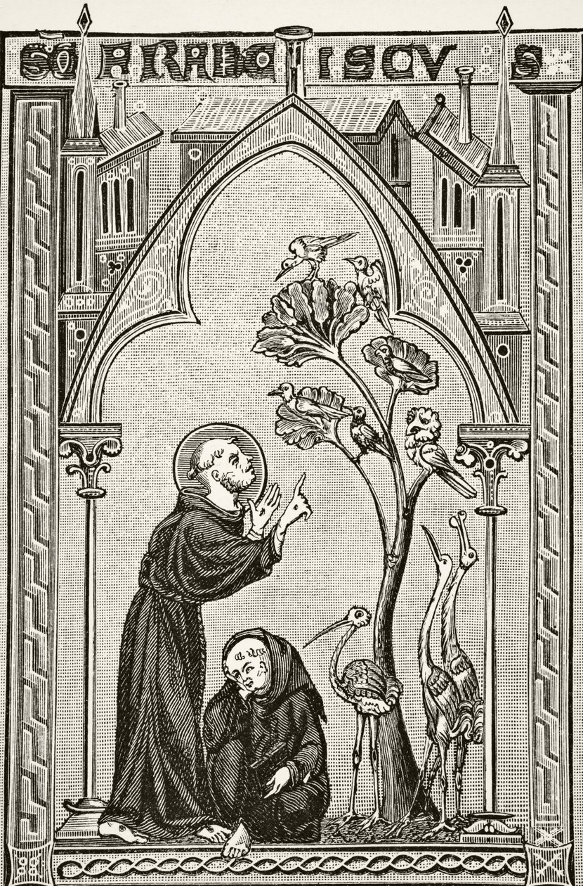 Pyhä Franciscus Assisilainen puhuu linnuille, Paul Lacroixin (1806-84) Lontoossa 1878 julkaistusta teoksesta "Tiede ja kirjallisuus keskiajalla" tekijältä French School