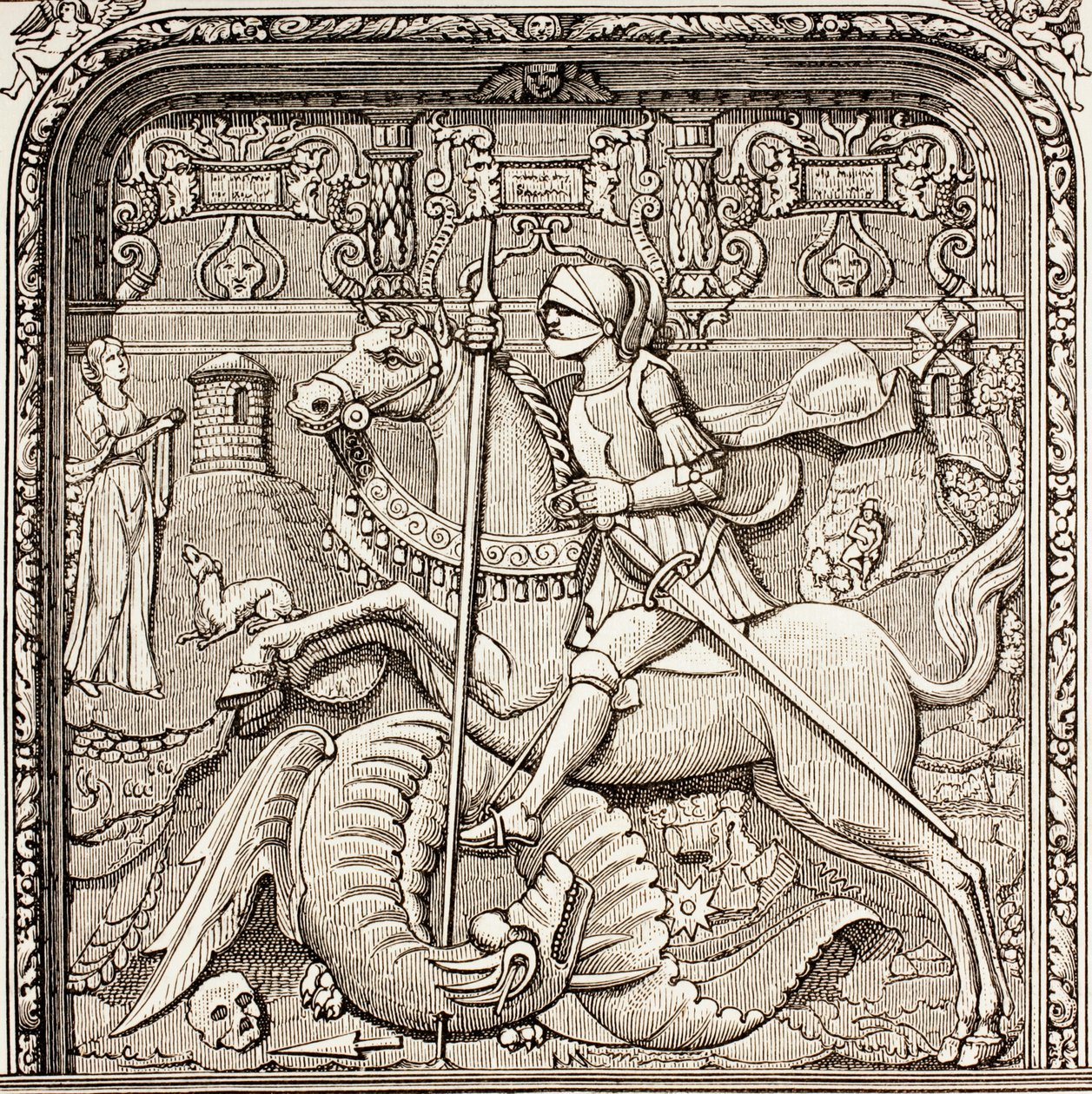 St. George surmaamassa lohikäärmettä Paul Lacroixin teoksesta Military and Religious Life in the Middle Ages, julkaistu Lontoossa n. 1880 tekijältä French School