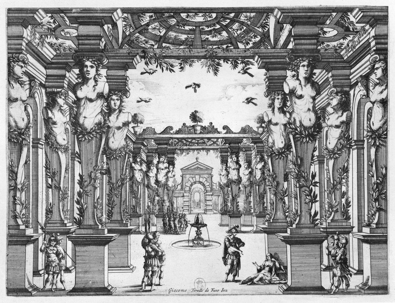 Giacomo Torellin (1608-78) lavasuunnittelija Miramelle, joka esitettiin vuonna 1641 Theatre Petit Bourbonissa Pariisissa tekijältä French School