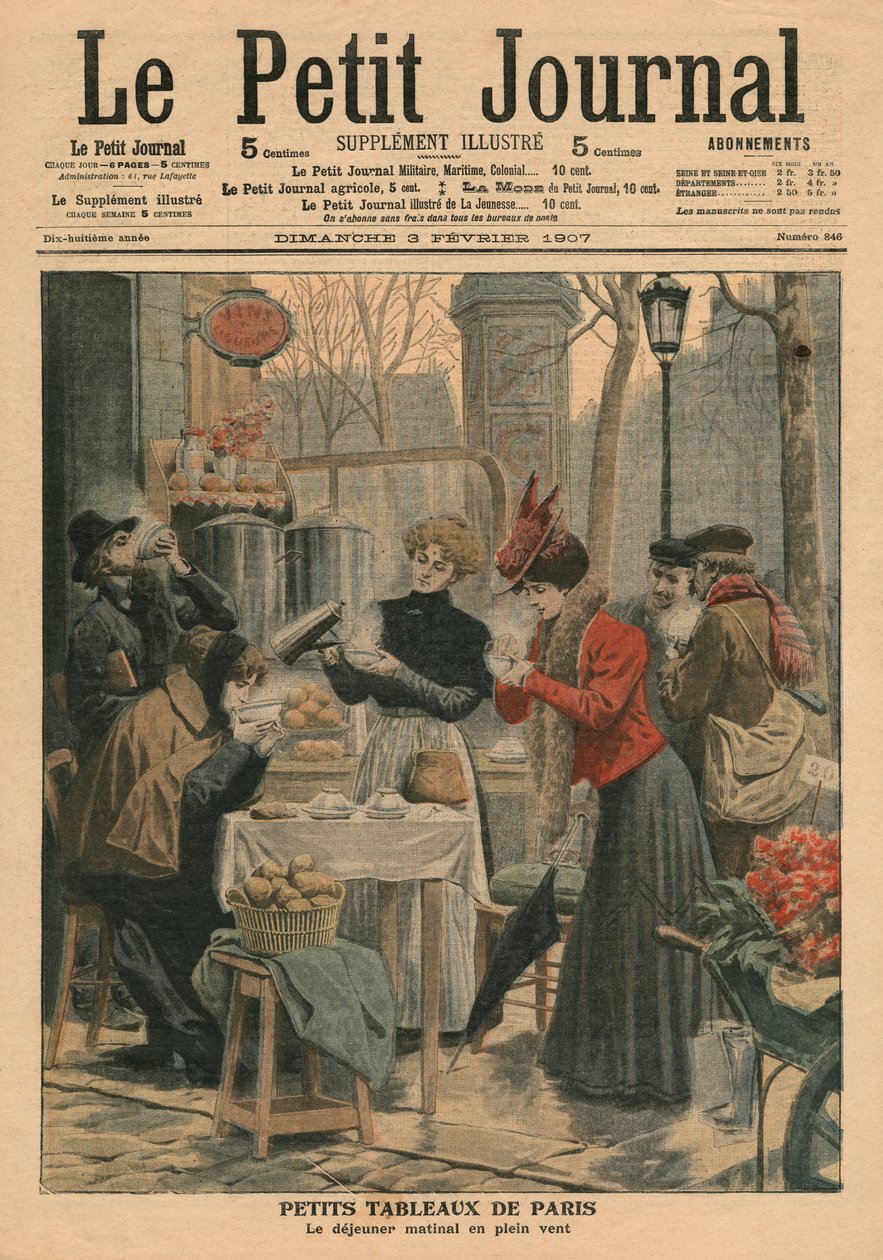 Pariisin katukuvat, aamiainen ulkoilmassa, kuvitus "Le Petit Journalista", liitekuva, 3. helmikuuta 1907 tekijältä French School