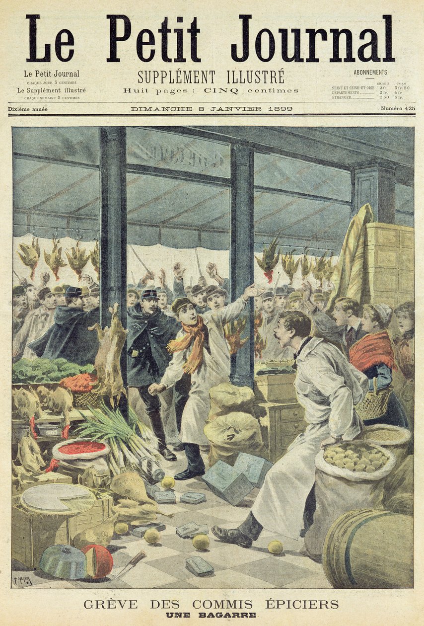 Ruokakauppiaiden lakko, tappelu, Le Petit Journalin nimilehti, 8. tammikuuta 1899 (värikaiverrus) tekijältä French School