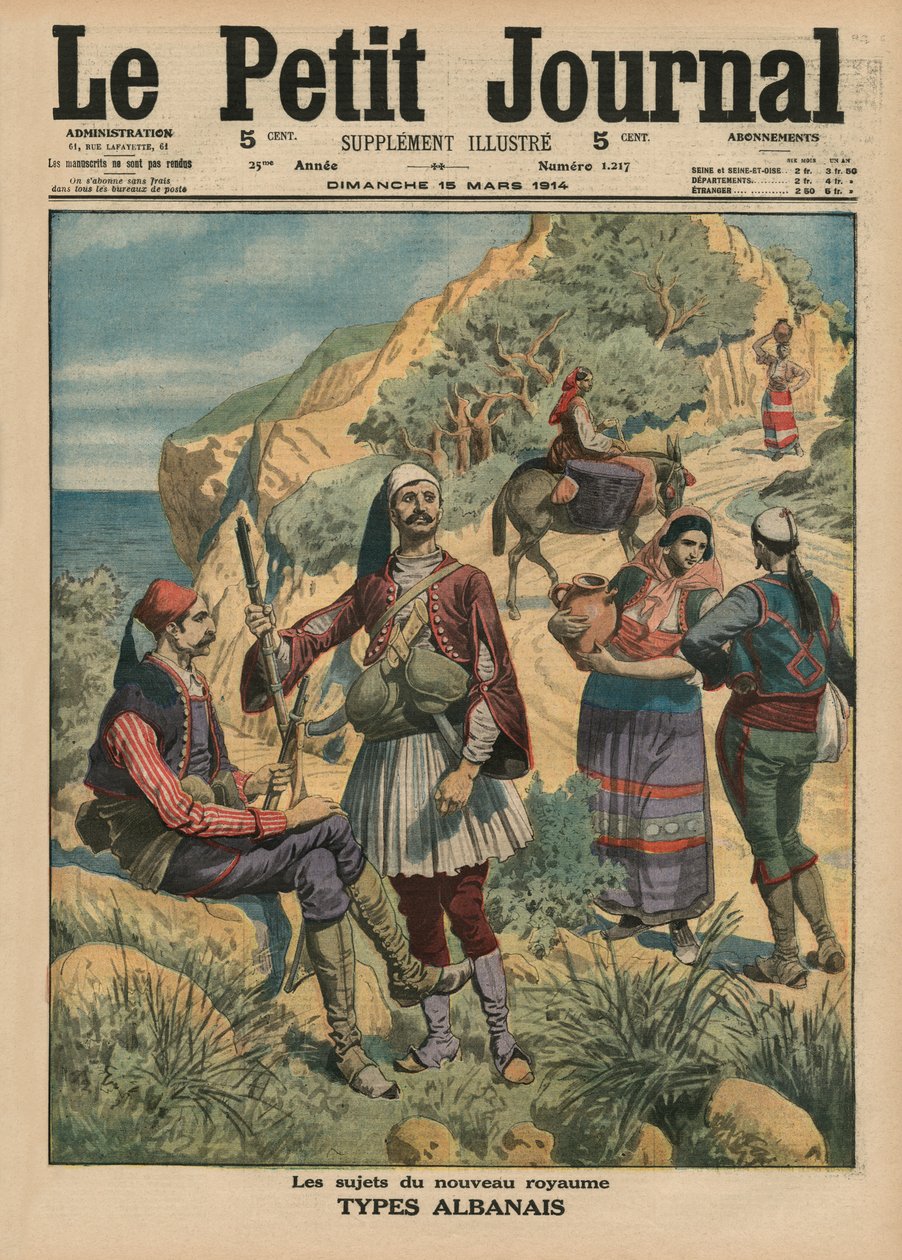 Uuden kuningaskunnan aiheet, albanialaiset tyypit, etukannen kuvitus Le Petit Journalista, liitekuva, 15. maaliskuuta 1914 tekijältä French School
