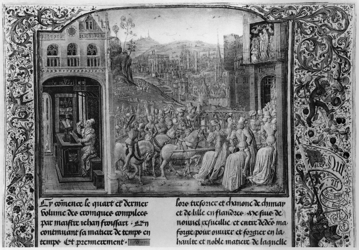 T.4 fol.1 L: Froissart kirjoittaa kronikkaa, R: Isabella Baijerilainen (1371-1435) saapui Pariisiin vuonna 1389, Froissartin kronikasta, 1472 tekijältä French School