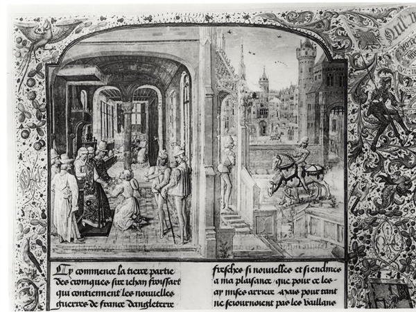 T.III fol.1 Froissart vastaanotti Orthezissa kreivi Gaston de Foixilta, jolle hän antaa Guy de Blois