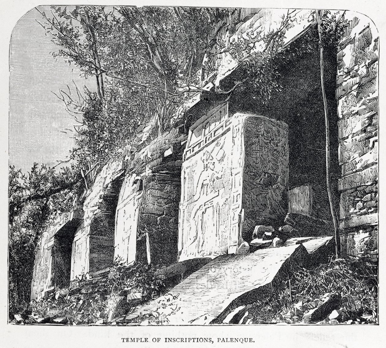 Temple of Inscriptions, Palenque, "Uuden maailman muinaiset kaupungit", kirjoittanut Claude-Joseph-Desire Charnay, pub. 1887 tekijältä French School