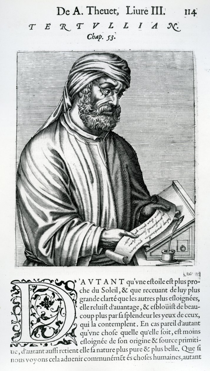 Tertullianus, kuvitus Andre Thevetin teoksesta "Des vrais pourtaits et vies des hommes illustres", 1584 tekijältä French School