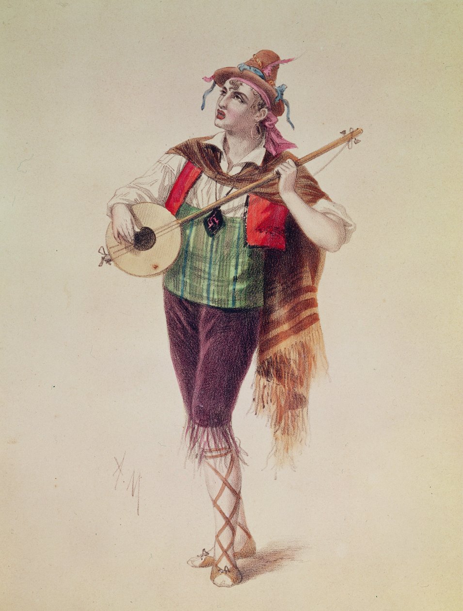 Näyttelijä Dupuis Piquillona Offenbachin operetissa "La Perichole", kuvitus teoksesta "Costumes des Theaters de Paris", 1868 tekijältä French School