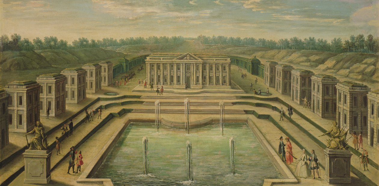 Chateau ja paviljongit Marlyssa puutarhojen näkökulmasta, 1700-luvun alku tekijältä French School