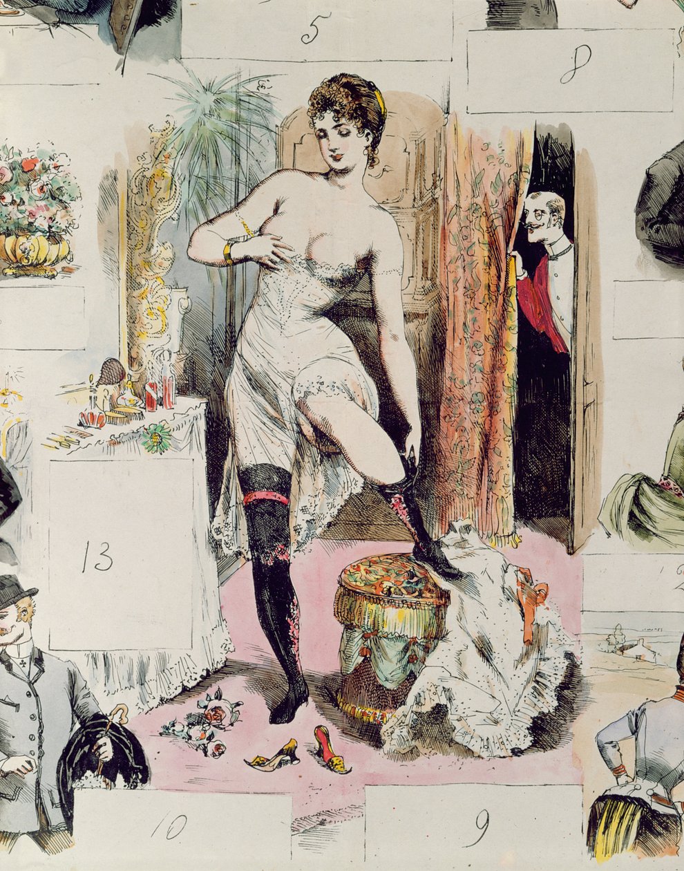 Korsetti, kuvitus La Vie Parisiennesta, n. 1875 (värikaiverrus) tekijältä French School