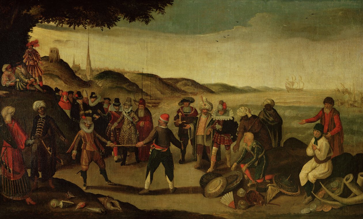 Kiista kultaisesta sauvasta tai espanjalaisten ja hollantilaisten välinen kiista Intian kaupasta, 1609 tekijältä French School