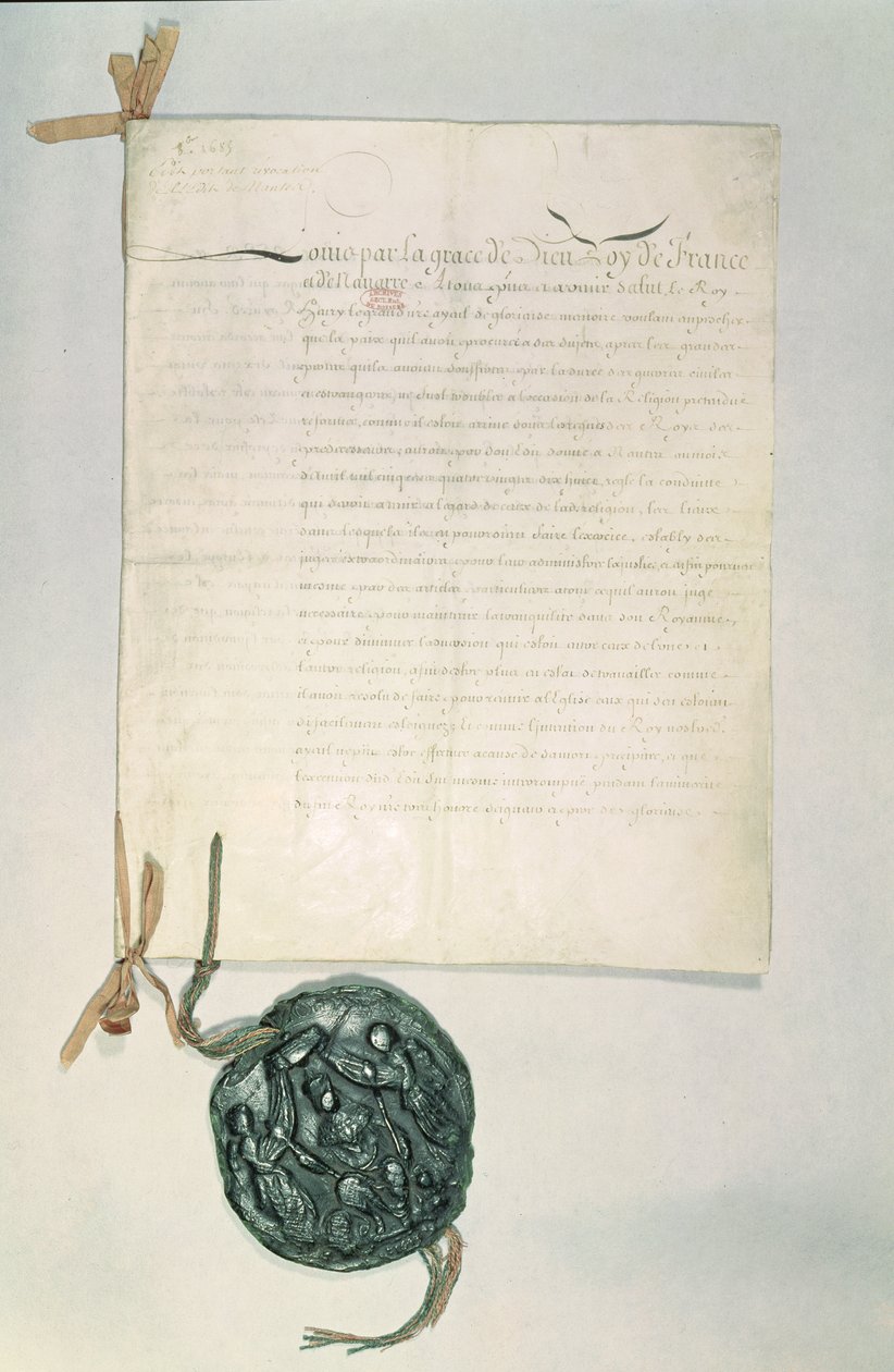 Fontainebleaun ediktti, 18. lokakuuta 1685 (kynä ja muste paperille) tekijältä French School