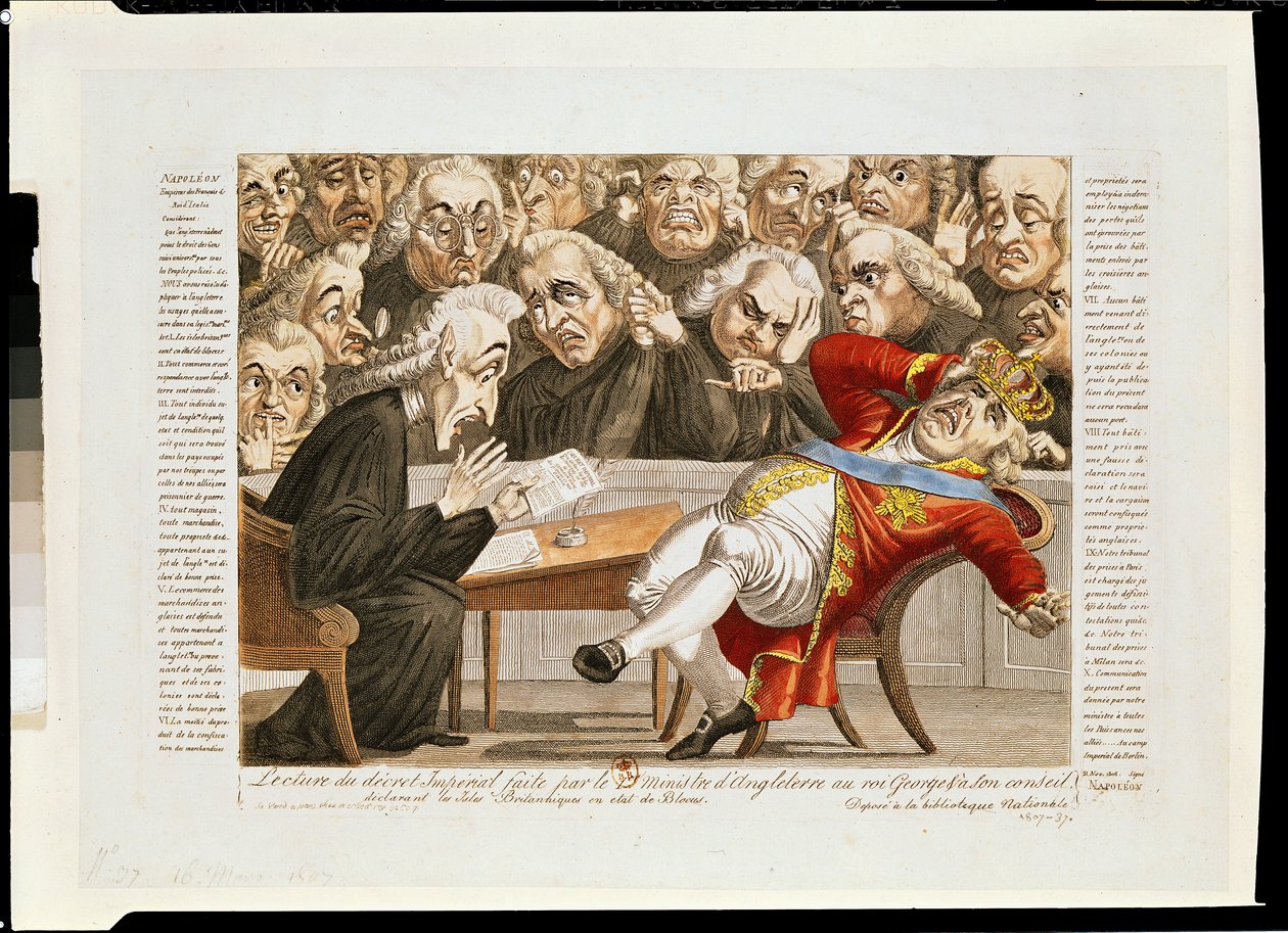 Englannin ministeri lukee George III:lle (1738-1820) antamaa keisarillisen asetuksen, joka julisti, että Brittein saaret ovat saarron alaisia, 21. marraskuuta 1807 tekijältä French School