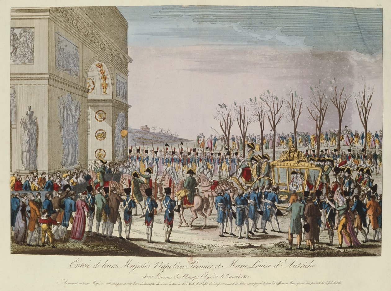 Keisari Napoleon I:n (1769-1821) ja Itävallan keisarinna Marie Louisen (1791-1847) sisäänkäynti Champs-Elyseesille, 2. huhtikuuta 1810 tekijältä French School