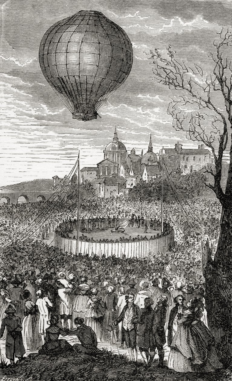 Ensimmäinen ilmamatka, Pariisi, 21. lokakuuta 1783, Fulgence Marionin teoksesta Wonderful Balloon Ascents or the Conquest of the Skies, julkaistu n. 1870 tekijältä French School