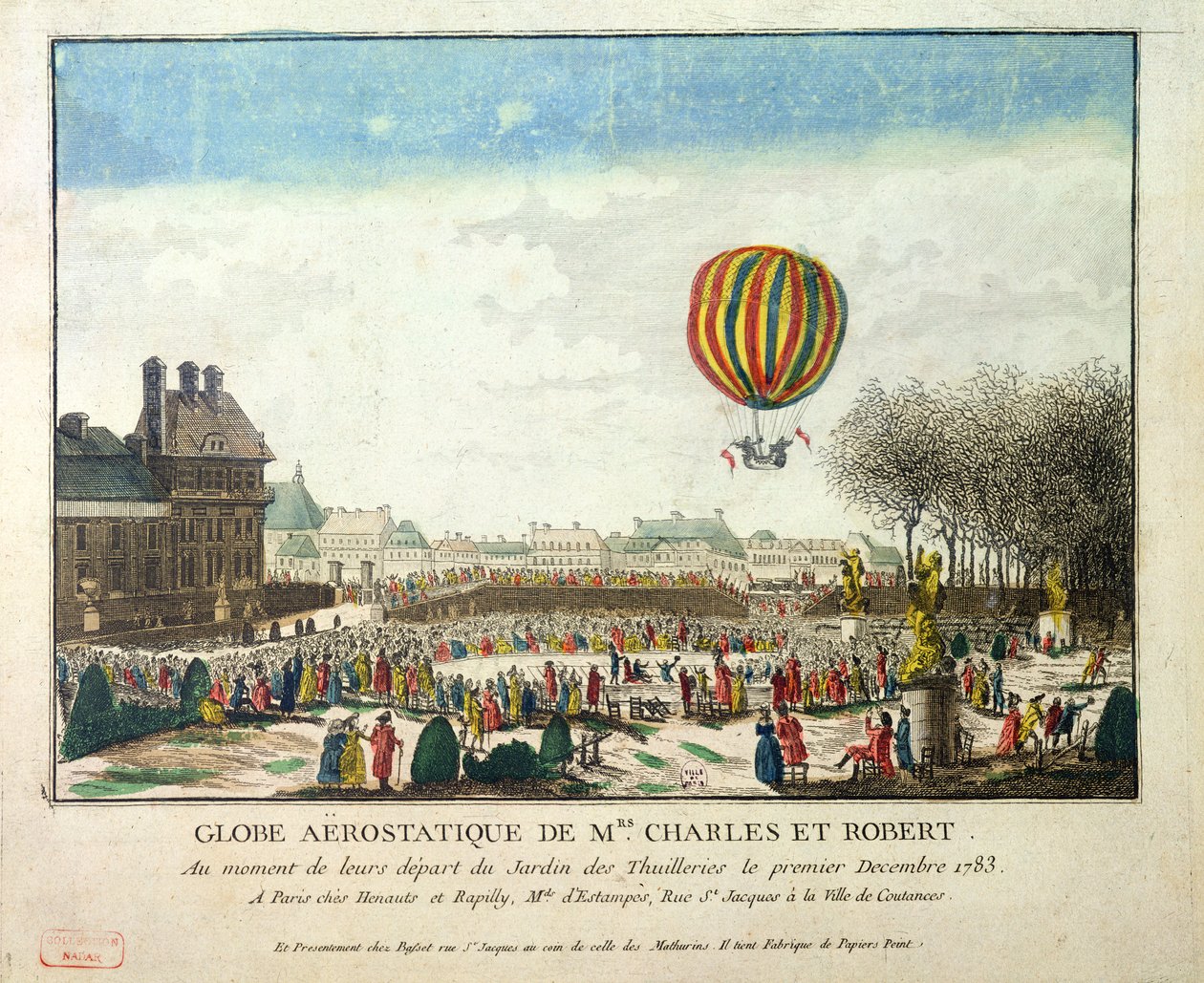 Jacques Charlesin (1746-1823) ja Nicholas Robertin (1761-1828) pako Tuileries-puutarhasta 1. joulukuuta 1783. tekijältä French School