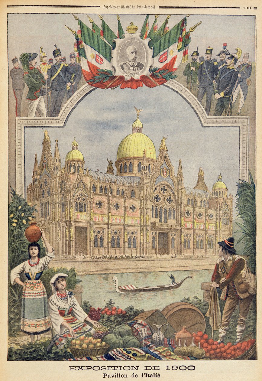 Italian paviljonki vuoden 1900 yleisnäyttelyssä Pariisissa, kuvitus "Le Petit Journalista", 29. huhtikuuta 1900 tekijältä French School