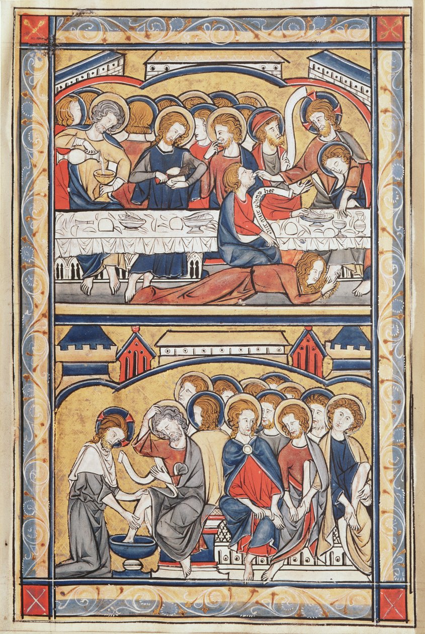 Viimeinen ehtoollinen ja jalkojen pesu, n. 1260 (tempera ja kultalehti pergamentilla) tekijältä French School