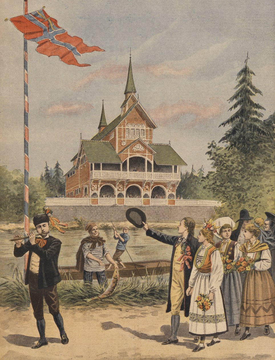 Norjan paviljonki vuoden 1900 yleisnäyttelyssä Pariisissa, kuvitus Le Petit Journalista, liite illustre, 13. toukokuuta 1900 tekijältä French School