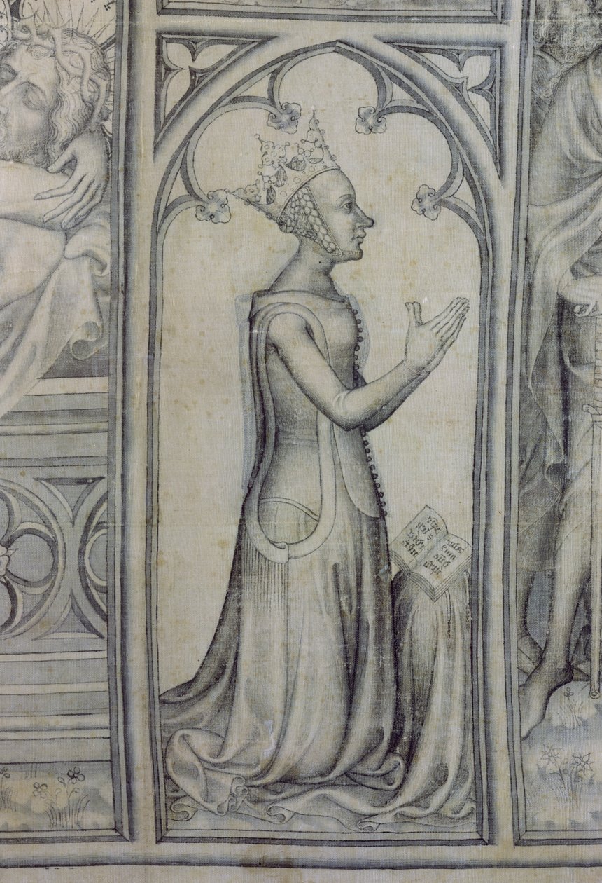 Narbonnen parementti, yksityiskohta Jeanne de Bourbonin (1338-77) rukoilemisesta, n. 1375 (grisaille silkillä) (83469:n yksityiskohta) tekijältä French School