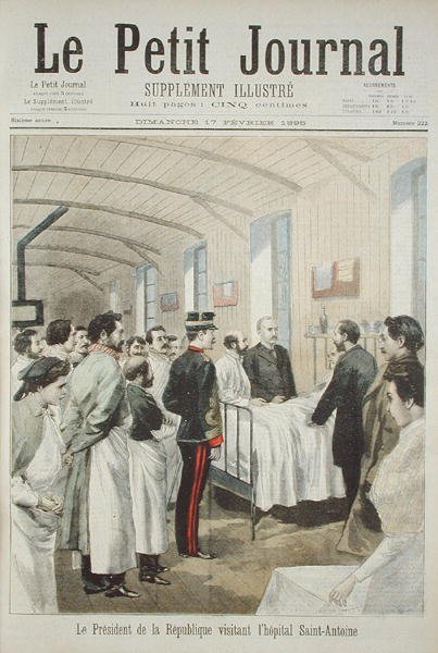 Tasavallan presidentti Felix Faure (1841-99) vierailee Saint-Antoinen sairaalassa Pariisissa, Le Petit Journal, 17. helmikuuta 1895 tekijältä French School
