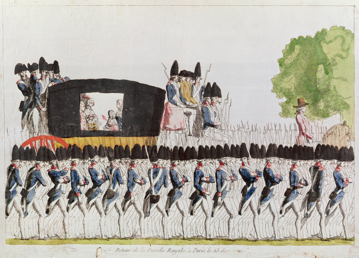 Kuninkaallisen perheen paluu Pariisiin, 25. kesäkuuta 1791 (värikaiverrus) tekijältä French School