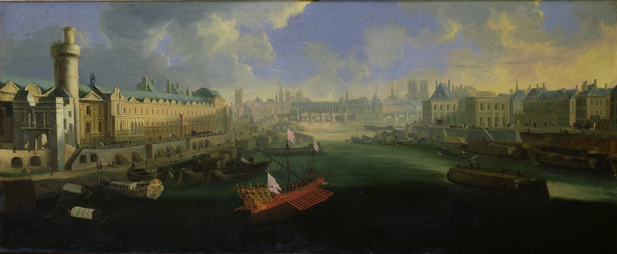 Seine-joki, näkymä Pont Neufille, Louvre ja College Mazarin, n. 1665 tekijältä French School