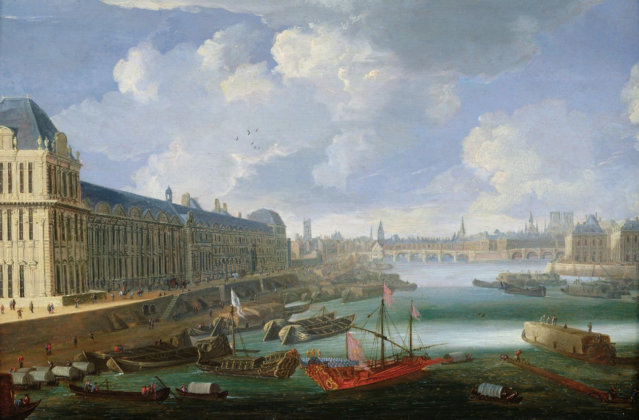 Seine katsottuna kohti Pont-Neufia, Louvrea ja College Mazarinia, n. 1675 tekijältä French School